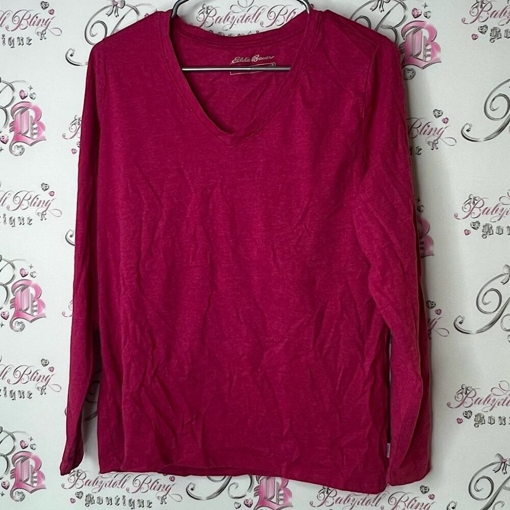 Eddie Bauer long sleeve red Pink Vneck Top shirt stretchy comfy